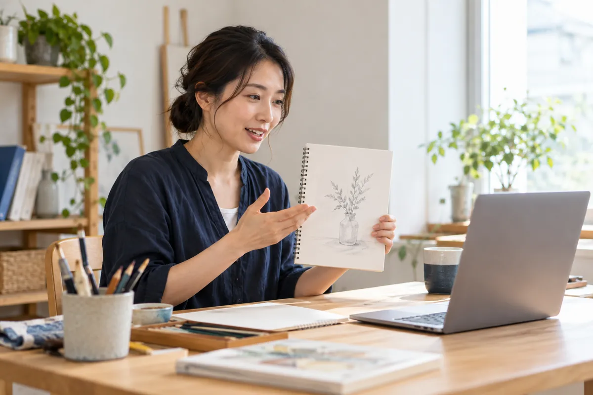 スケッチを示しながらオンラインで絵を教える講師のイメージ