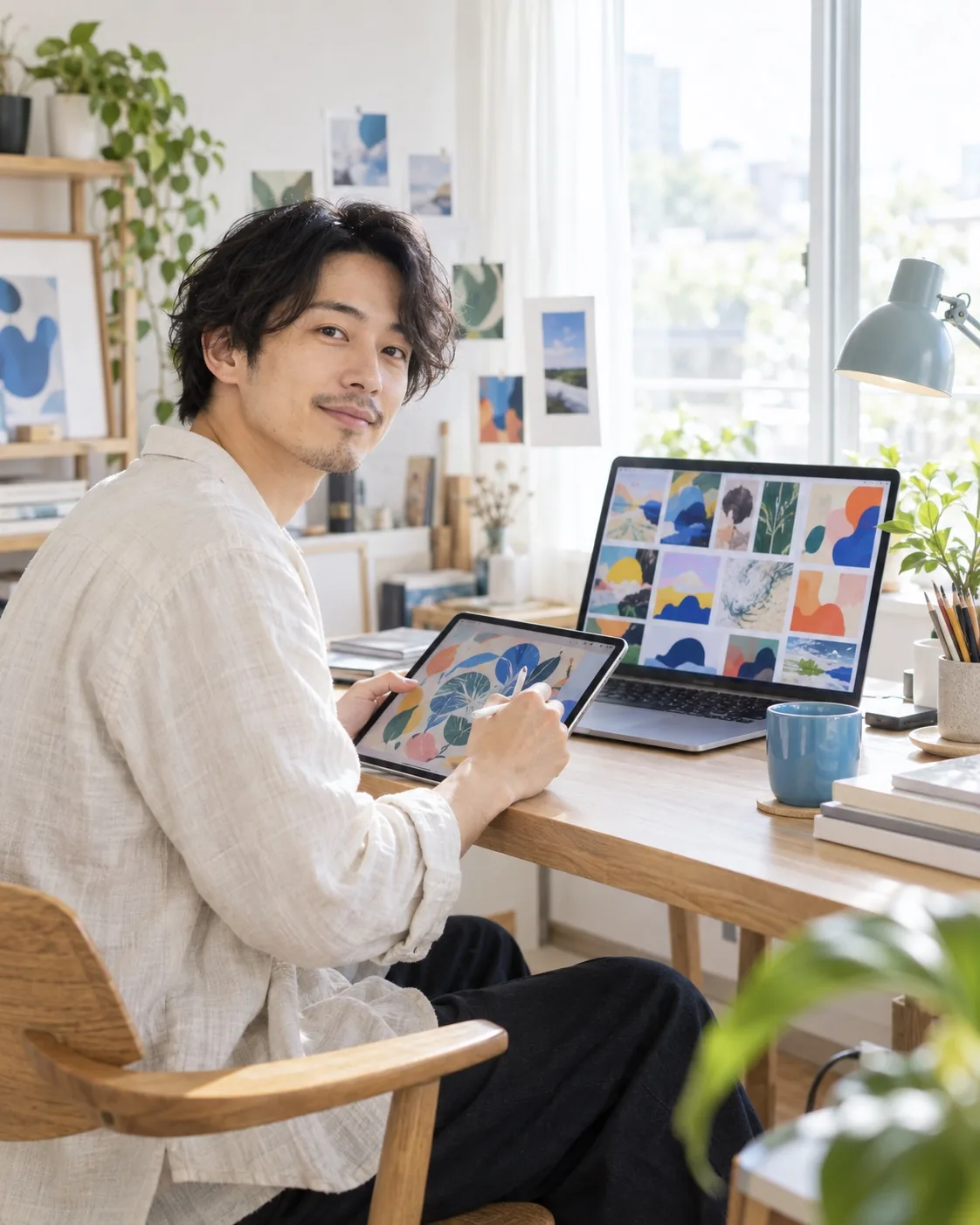 タブレットで描きながら作品の並ぶ画面を見るクリエイターのイメージ