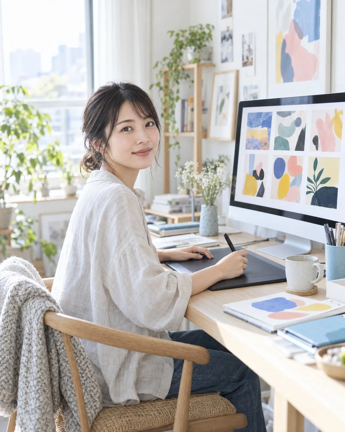 作品の並ぶ画面の横で振り向くイラストレーターのイメージ