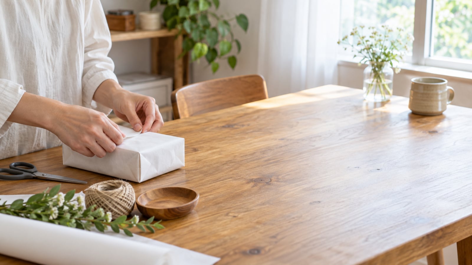 自宅の一角で小さな商品を白い包み紙に包む手