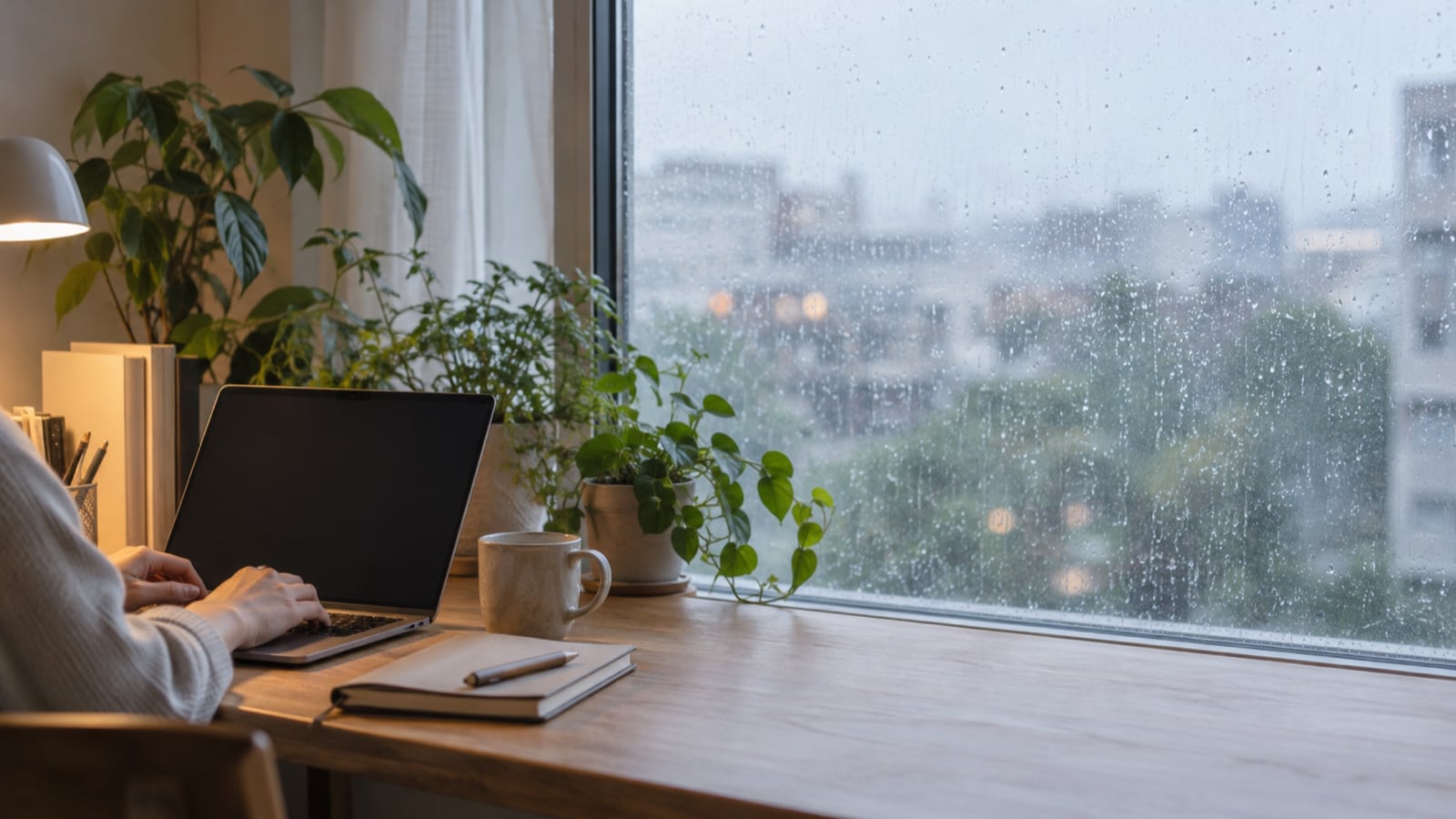 雨の日の自宅の仕事机と窓辺の鉢植え