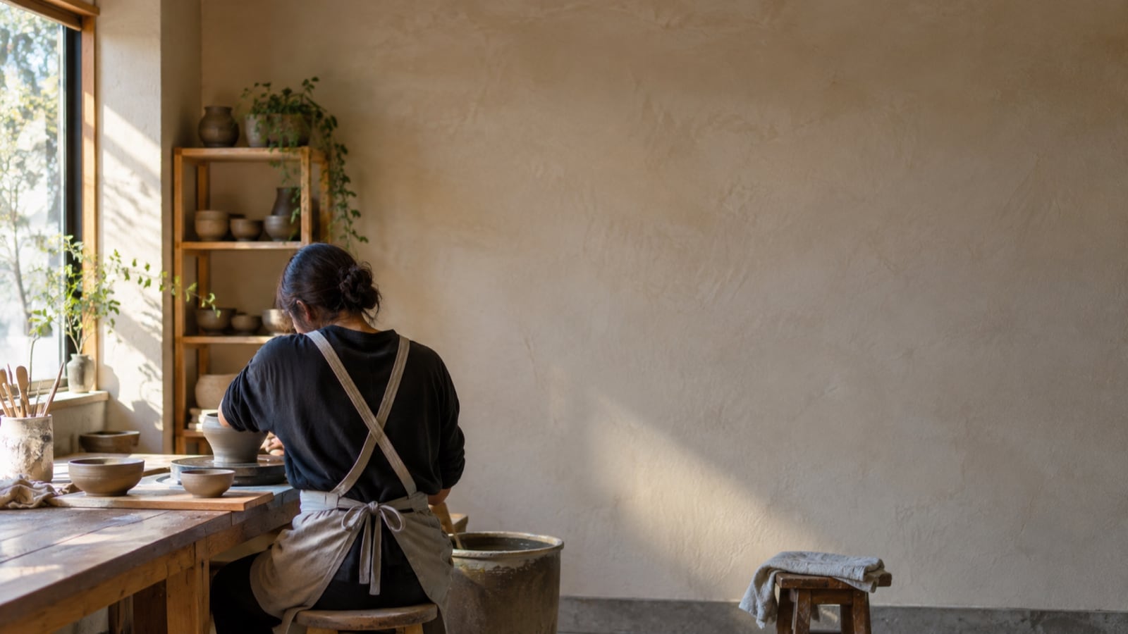 町の陶芸工房で器を作る人の小さな後ろ姿