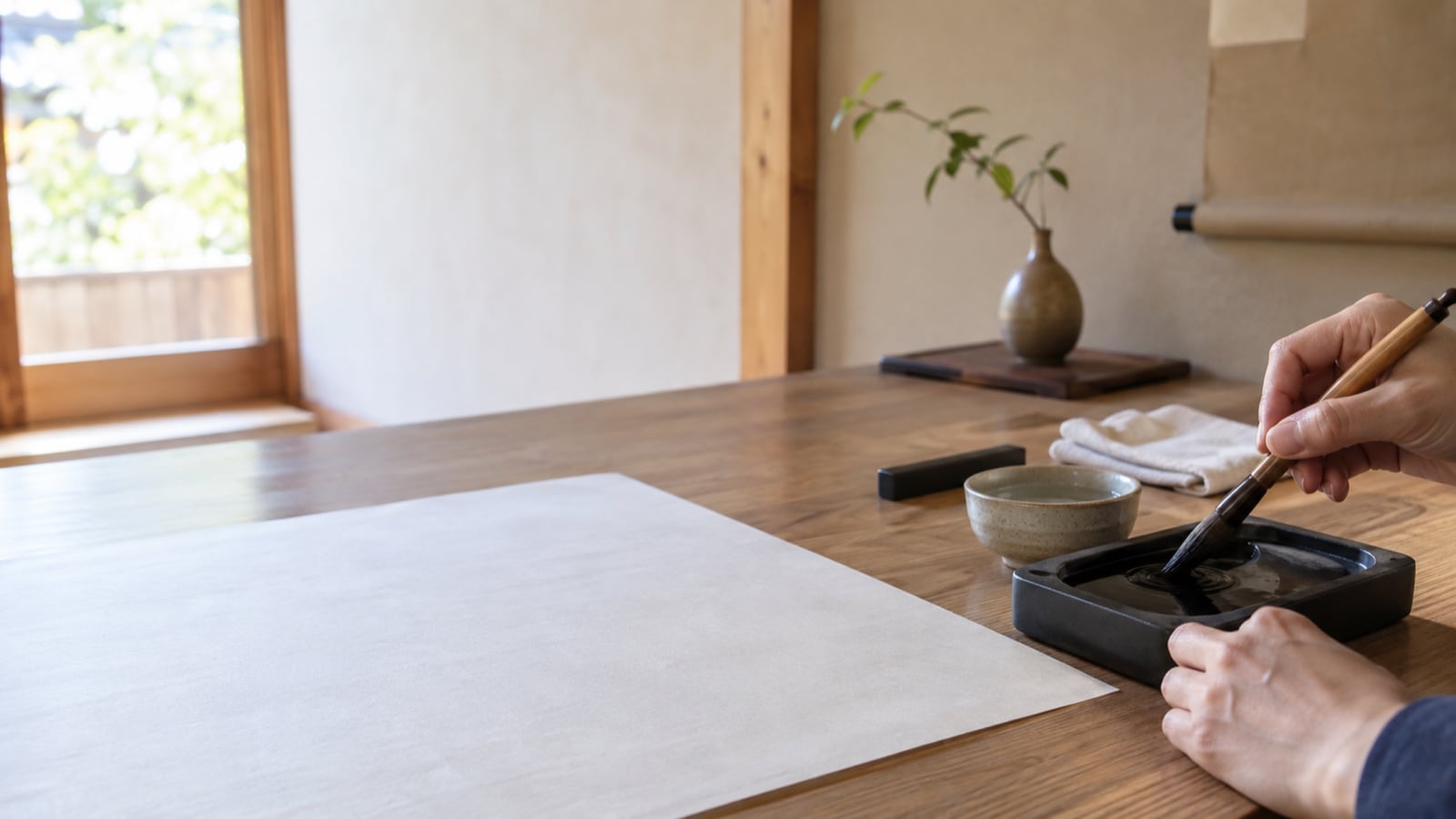 日本の古い家の部屋で筆と硯を準備する手