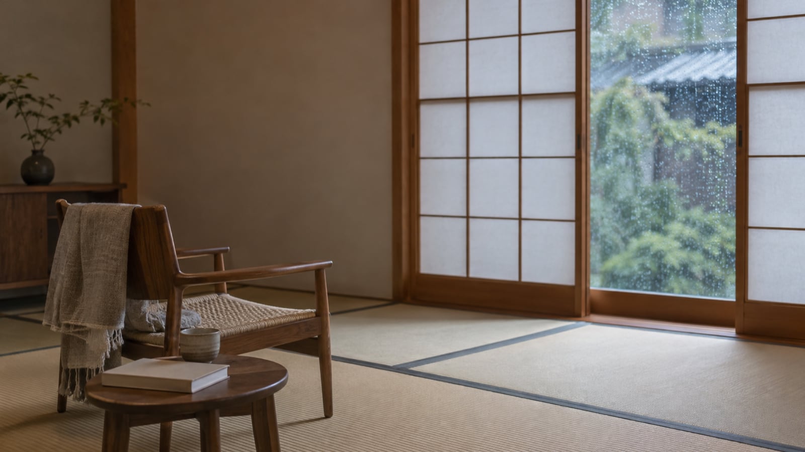 雨の日の畳の部屋に置かれた空の椅子と閉じた本